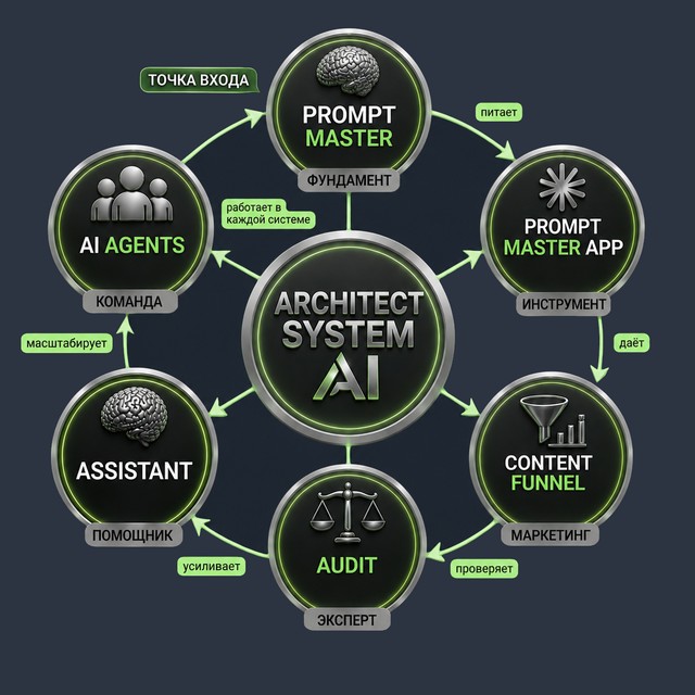 Схема Architect Systems AI: шесть систем вокруг центра, одно питает другое